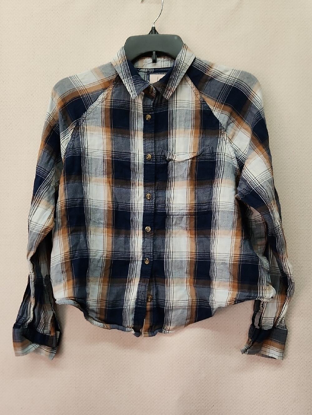 SO Women's Navy, Brown and White Plaid Button-Down Shirt